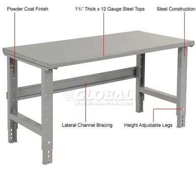 Global Industrial Height Adjustable Workbench, 72"W x 36"D, Steel Square Edge, Gray (183155)