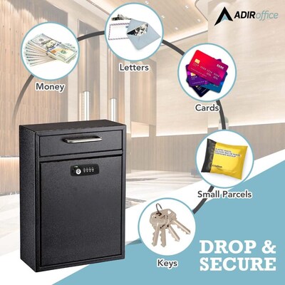 AdirOffice Large Wall Mounted Drop Box with Suggestion Cards, Combination Lock, Black (631-04-BLK-KC-PKG)