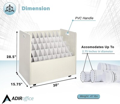 AdirOffice 50-Slot Mobile Roll File, Lockable, 28.5"H x 30"W x 15.75"D, White (626-WHI-KIT1)