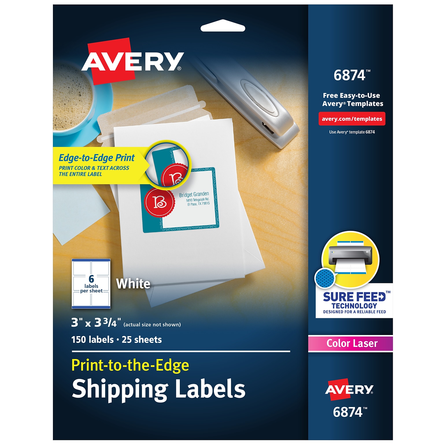 Avery Print-to-the-Edge Color Laser Shipping Labels, 3 x 3-3/4, White, 6 Labels/Sheet, 25 Sheets/Pack (6874)