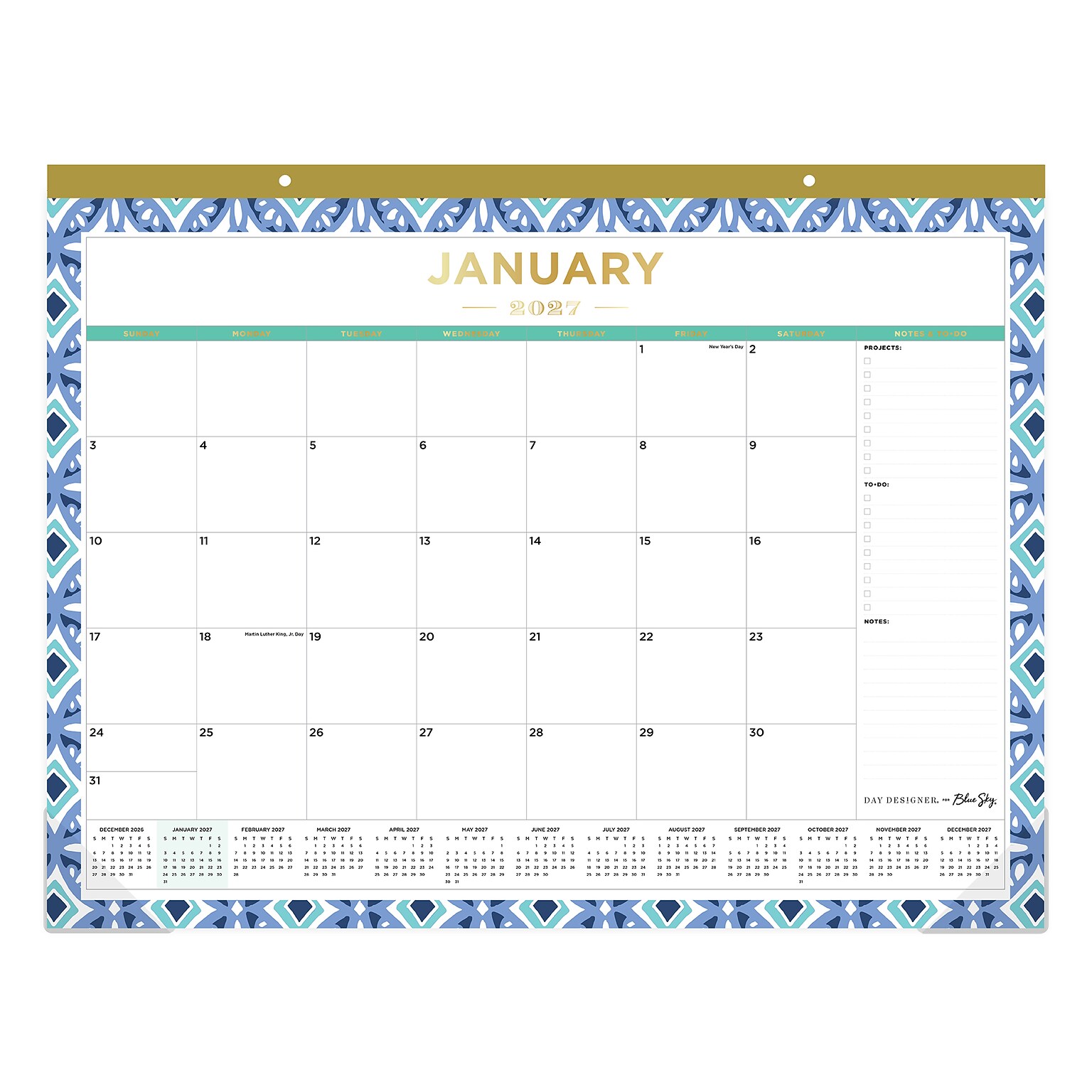 2027 Blue Sky Day Designer Tile 22 x 17 Monthly Desk Pad Calendar, Blue/White (133694-27)