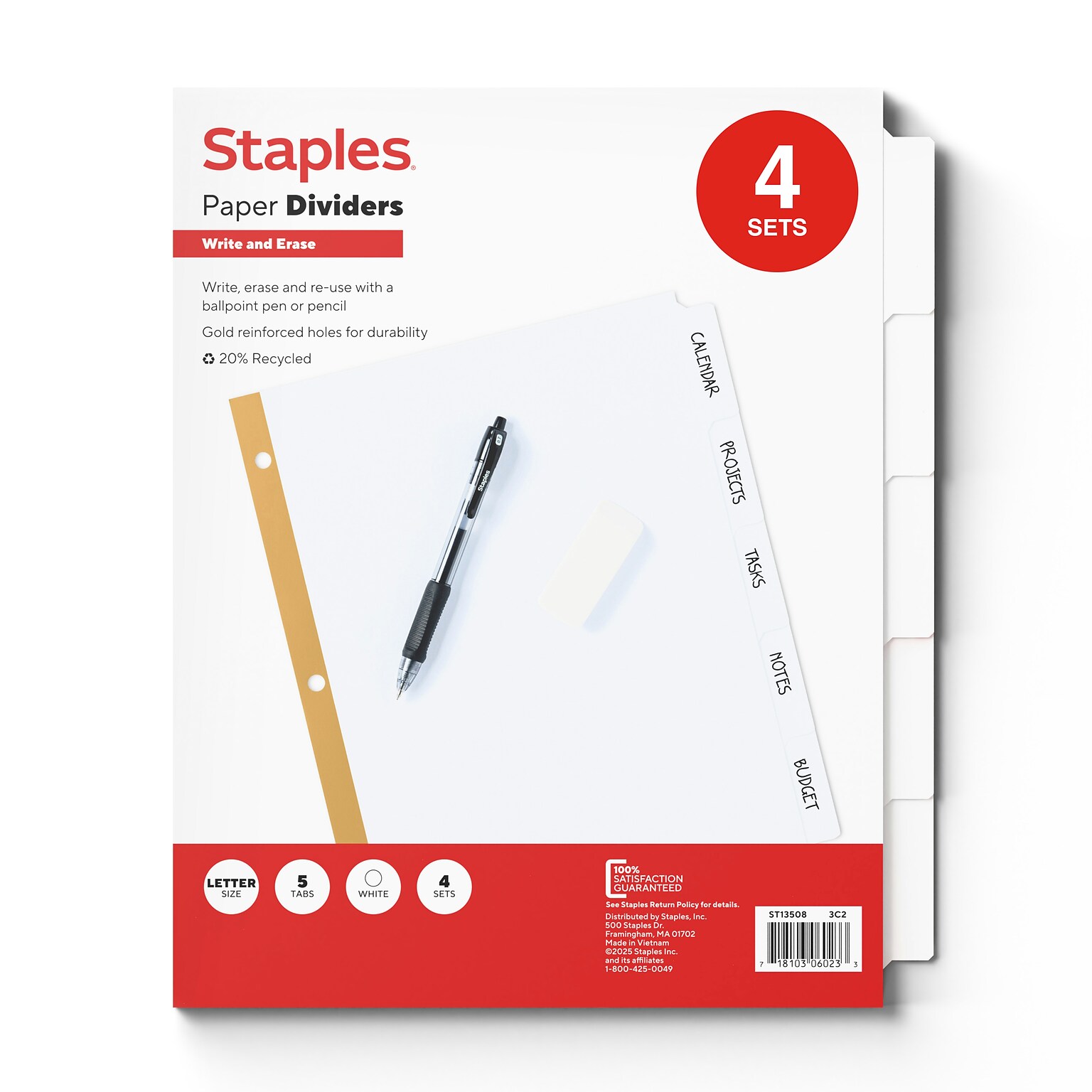 Staples Write & Erase Paper Divider, White, 5-Tabs, 4 Sets (13508/23175)
