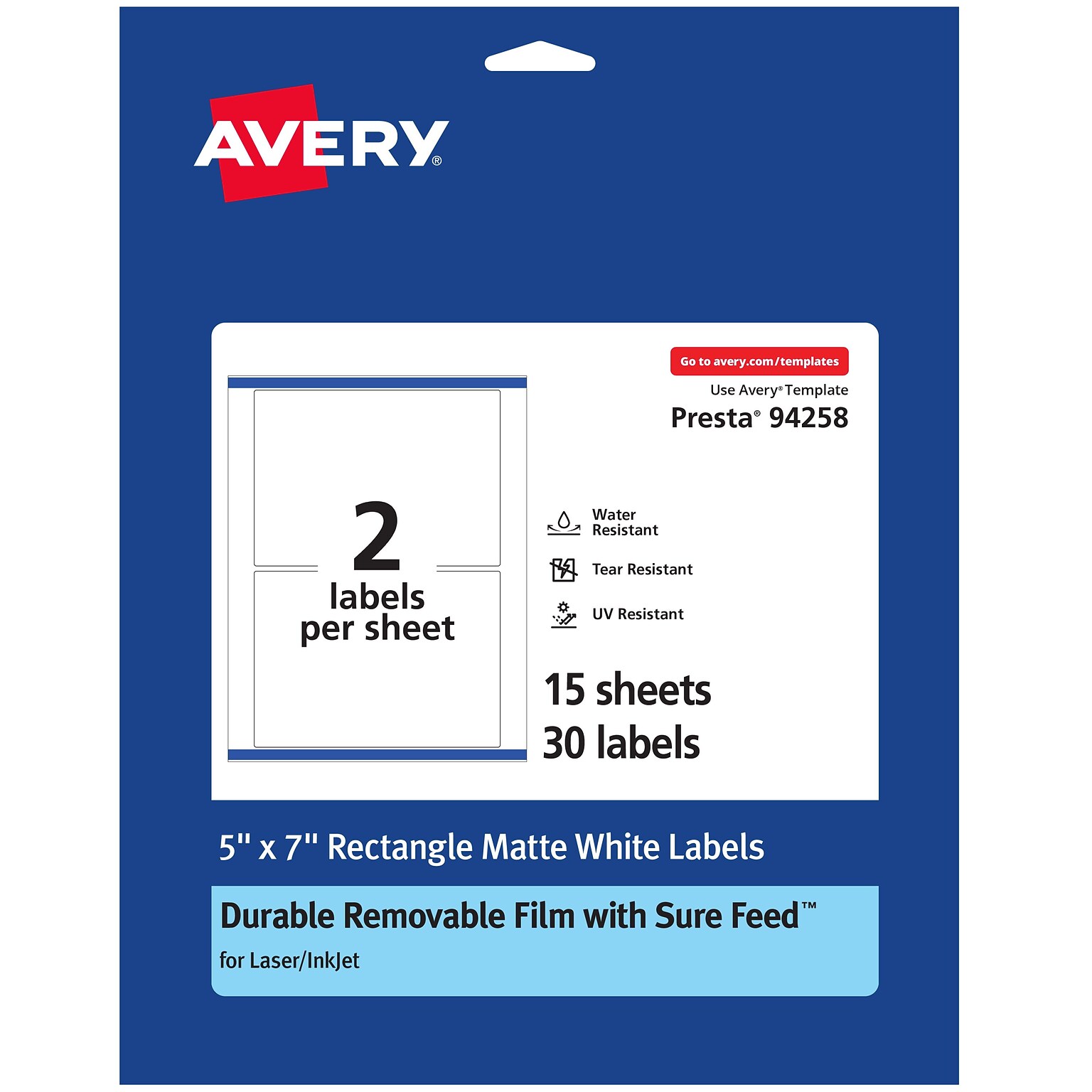 Avery Durable Removable Rectangle Multipurpose Labels, 5 x 7, White, 30/Pack (94258)