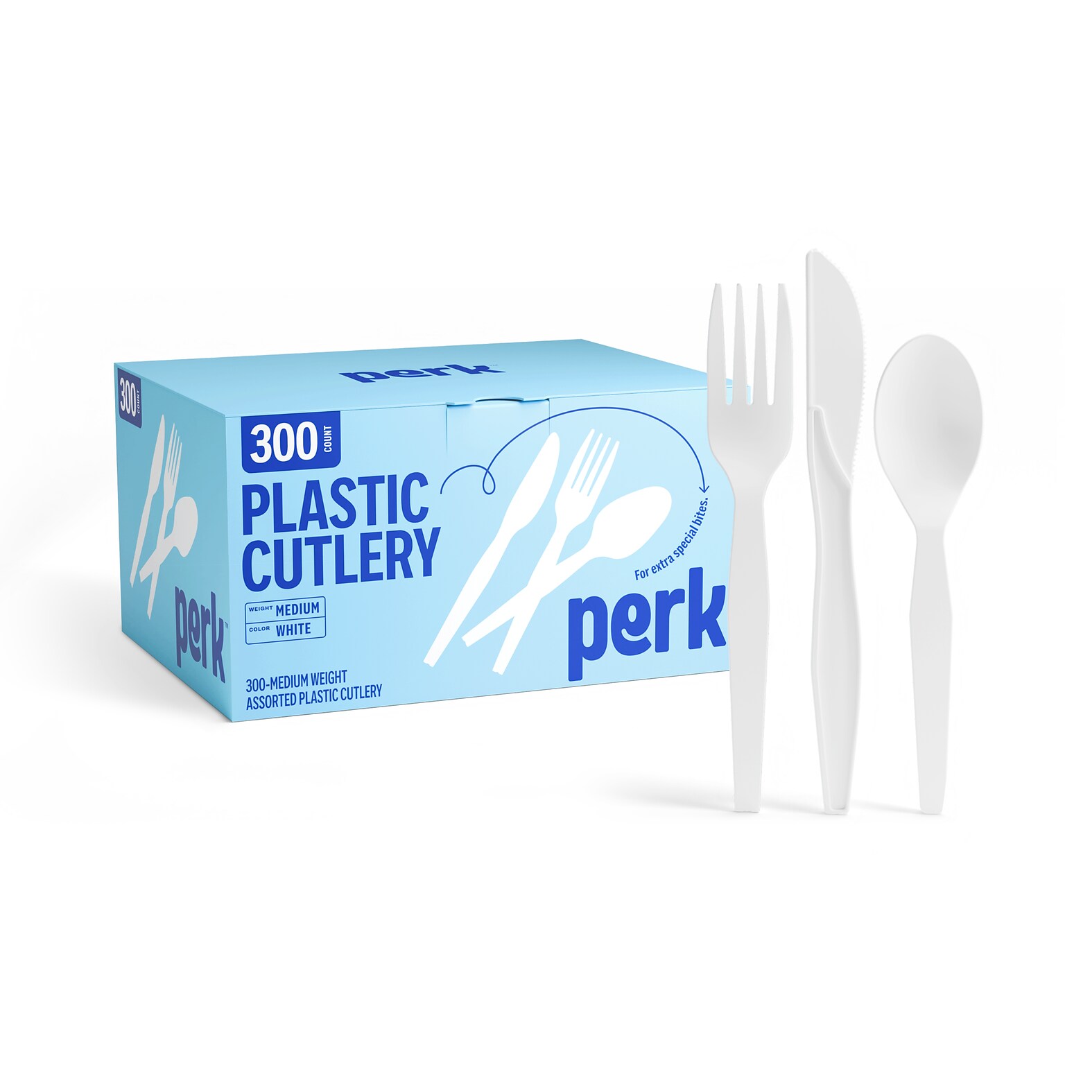 Perk™ Polystyrene Assorted Cutlery, Medium-Weight, White, 300/Pack (PK56406)