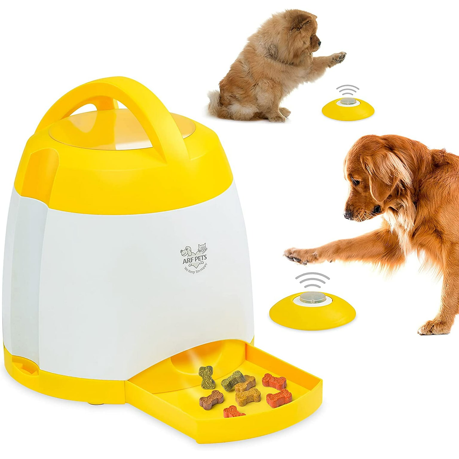Arf Pets Dog Treat Dispenser w/ 2 Buttons, Dog Memory Training Toy, Yellow/White (APTDT2R)