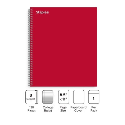 Staples® Premium 3-Subject Subject Notebooks, 8.5" x 11", College Ruled, 150 Sheets, Red (TR58361M-CC)