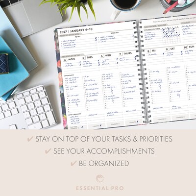 2027 Excello Brands Essential Pro Planner 8.5" x 11" Calendar Year Weekly & Monthly, Hardcover, Small Navy Floral
