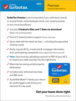TurboTax Premier 2022 + State for 1 User, Windows/Mac, Download (5101325)