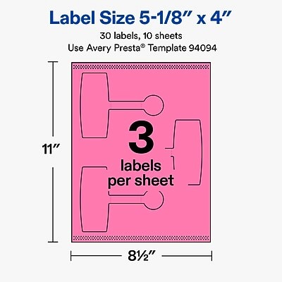 Avery Laser/Inkjet Multipurpose Labels, 5-1/8" x 4", Bright Pink, 30 Labels/Pack (19479370724)