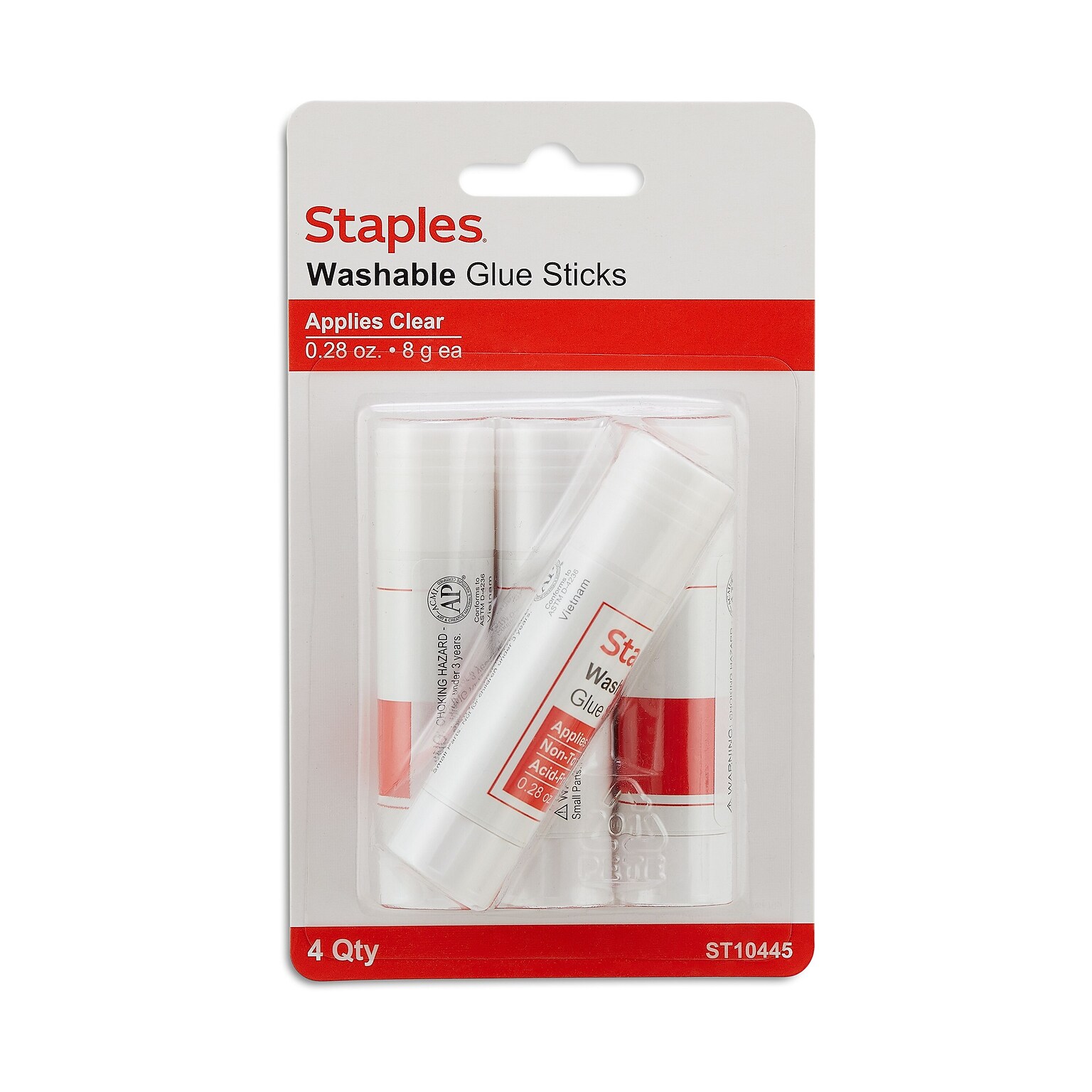 Staples® Washable Glue Sticks, 0.28 oz., Clear, 4/Pack (ST10445/10445)