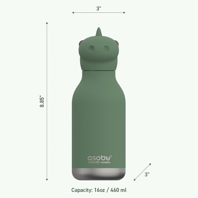 ASOBU Bestie Bottle Dinosaur Vacuum Insulated Stainless Steel Water Bottle with Reusable Flexi Straw, 16 oz., Green (SBV44DI)