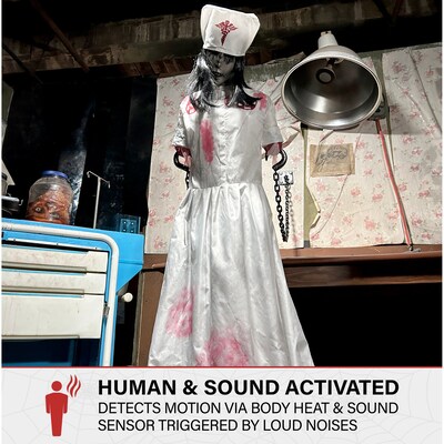 Haunted Hill Farm 5.2 ft. Convulsing Nurse Halloween Animatronic by Tekky with Motion-Activated Sounds (HHCONVULNRSE-1FLSA)