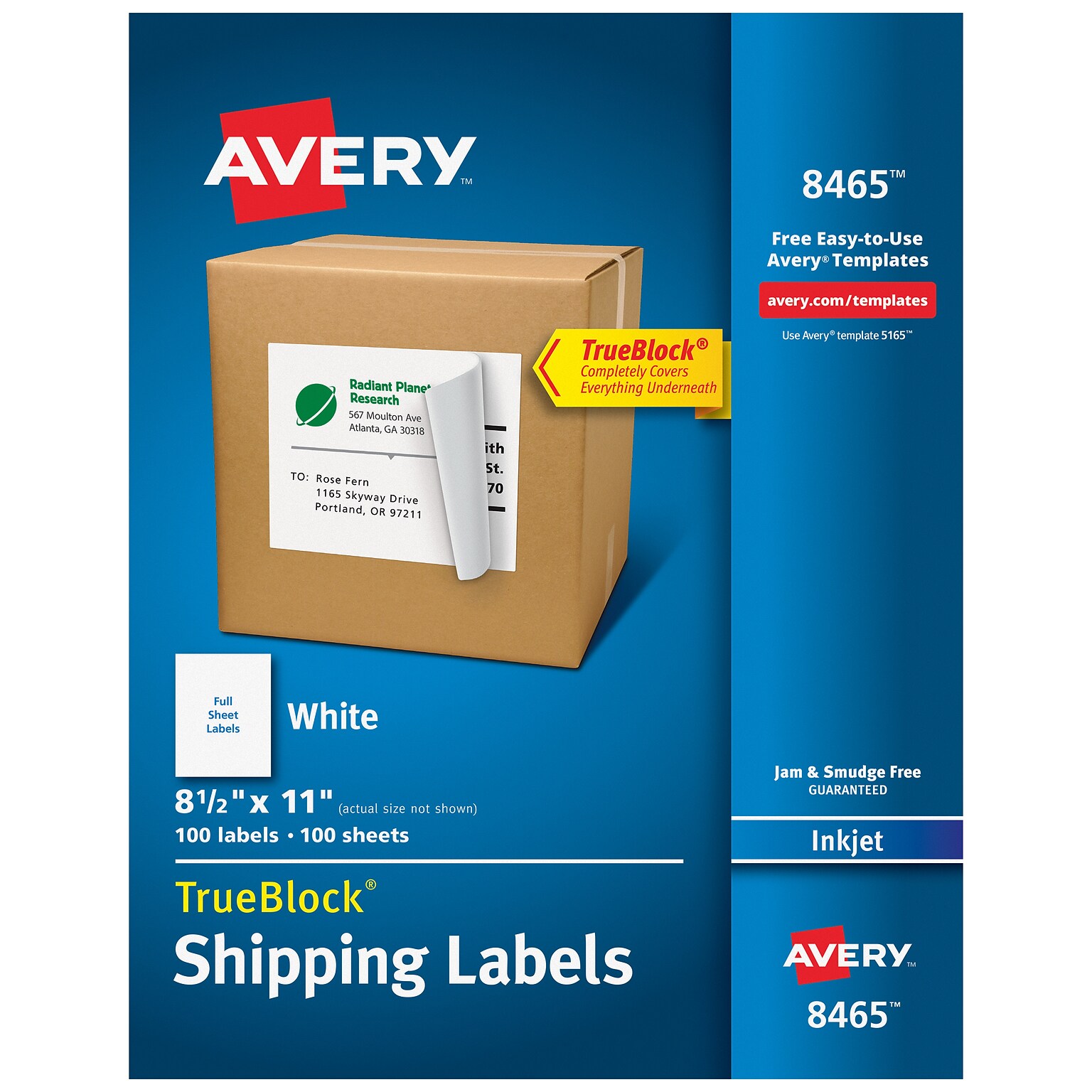 Avery TrueBlock Inkjet Shipping Labels, 8-1/2 x 11, White, 100 Labels/Box (8465)