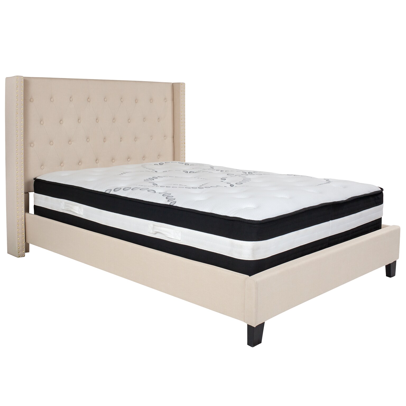 Flash Furniture Riverdale Tufted Upholstered Platform Bed in Beige Fabric with Pocket Spring Mattress, Full (HGBM34)