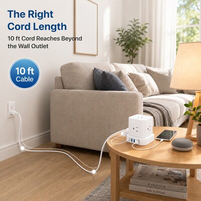 Uncaged Ergonomics Cube 5-Outlet 4-USB Port Surge Protector, 10', White (PC-W-C)