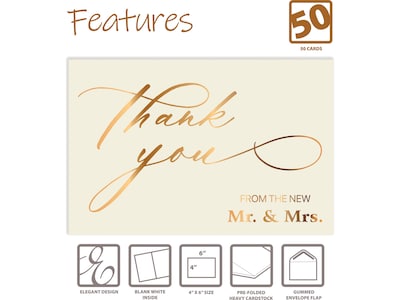 Better Office Wedding Thank You Cards with Envelopes, 4" x 6", Ivory/Metallic Gold, 50/Pack (64644-50PK)