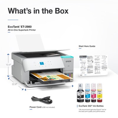 Epson EcoTank ET-2980 Wireless All-in-One Color Supertank Printer, White (C11CL41202)