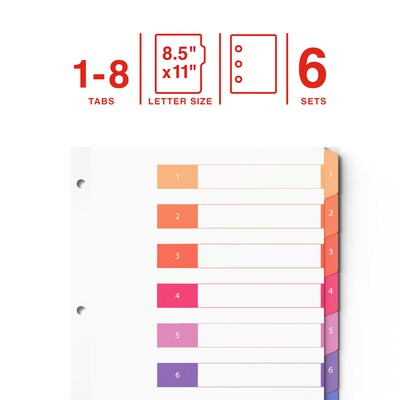 Staples Customizable Table of Contents Numeric Dividers, 8-Tabs, 6 Sets, Multicolor (ST62969)