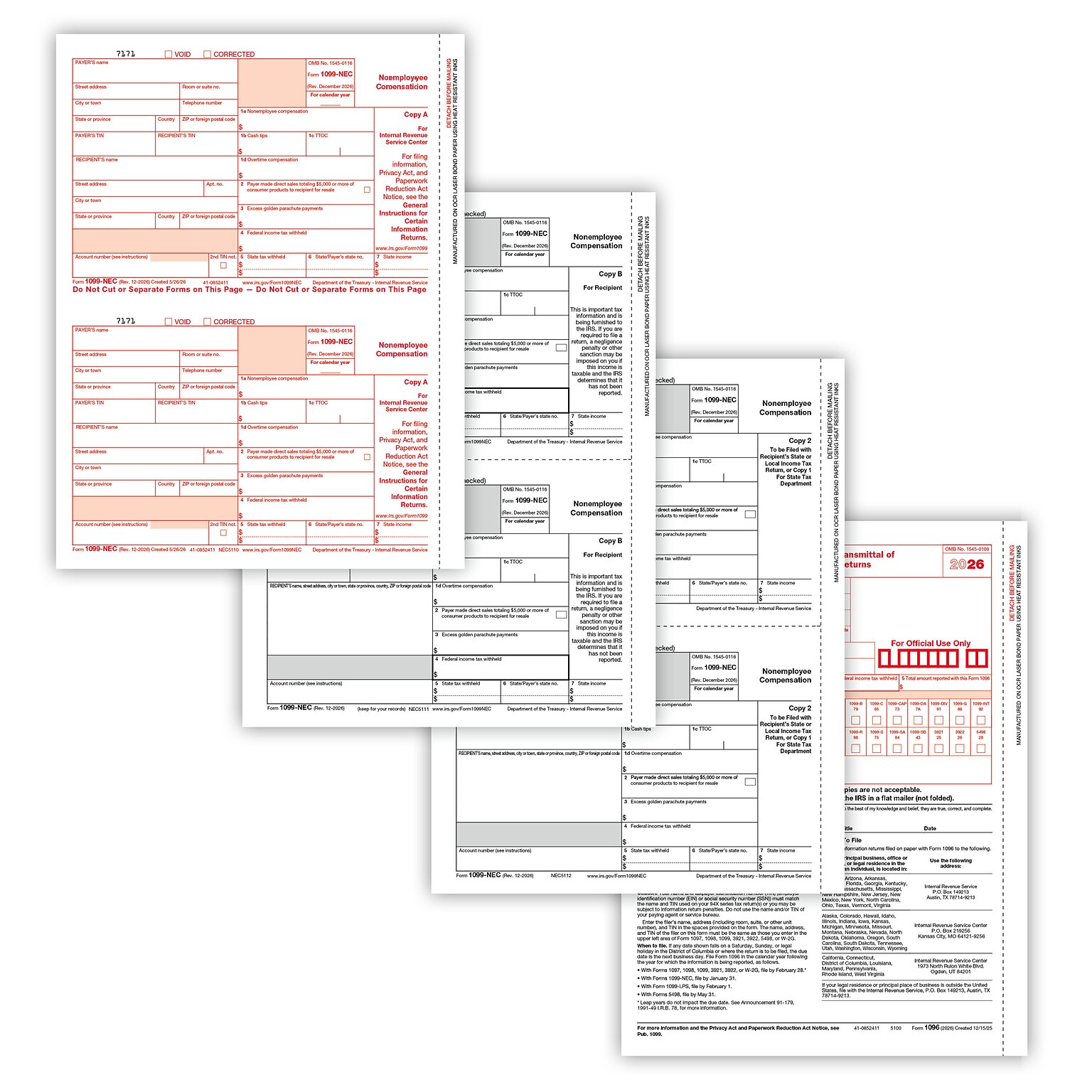 ComplyRight 2026 1099-NEC Tax Form, 4-Part, 3-Up, Copy A, B, C/2, 1096 Transmittal, 100/Pack (NEC6103100)