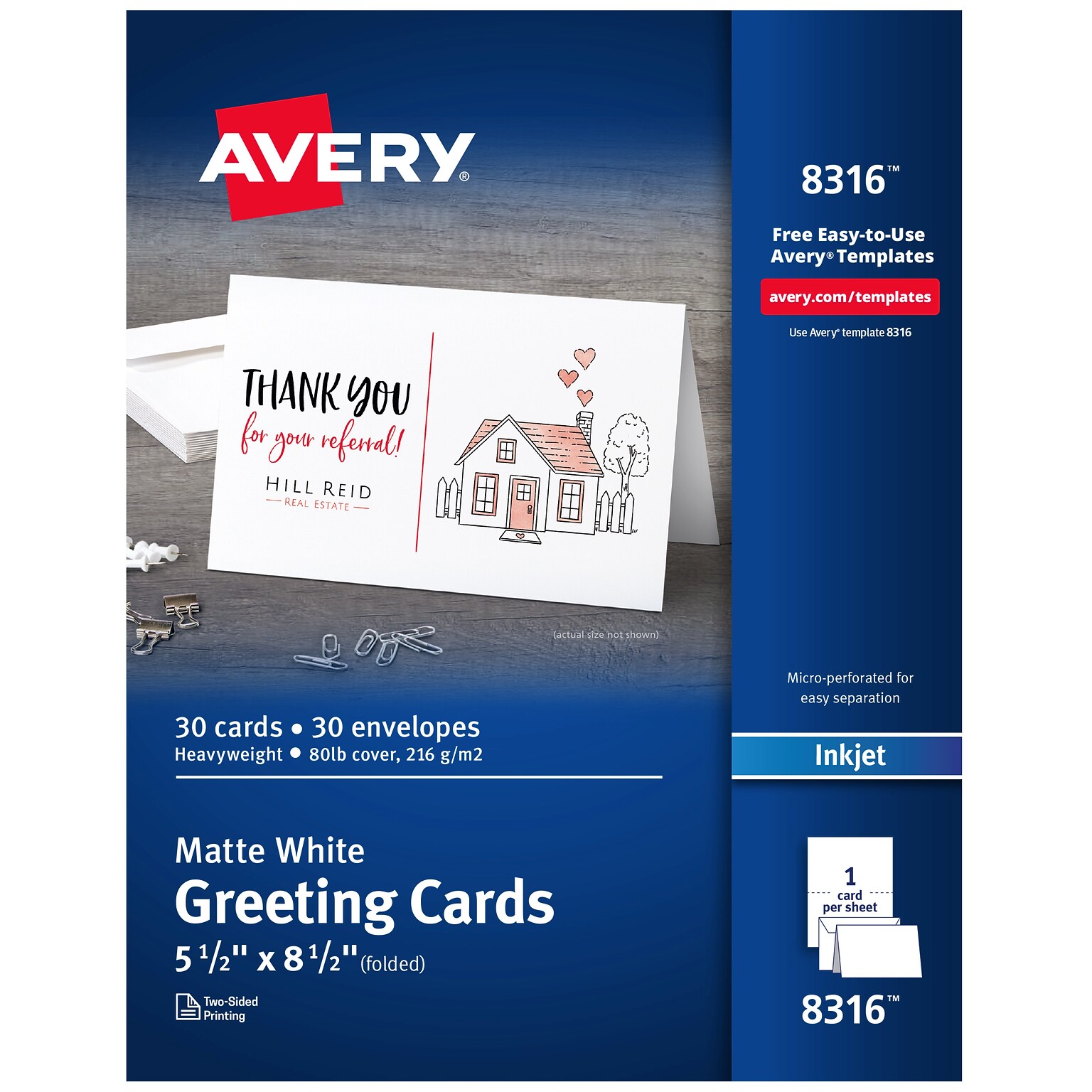 Avery Half-Fold Greeting Cards with Envelopes, 5.5 x 8.5, Matte White, Inkjet, 30/Pack (08316)