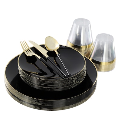 Round Elama Plastic Dinnerware Set, Black/Golg, 150 Piece (935123351M)