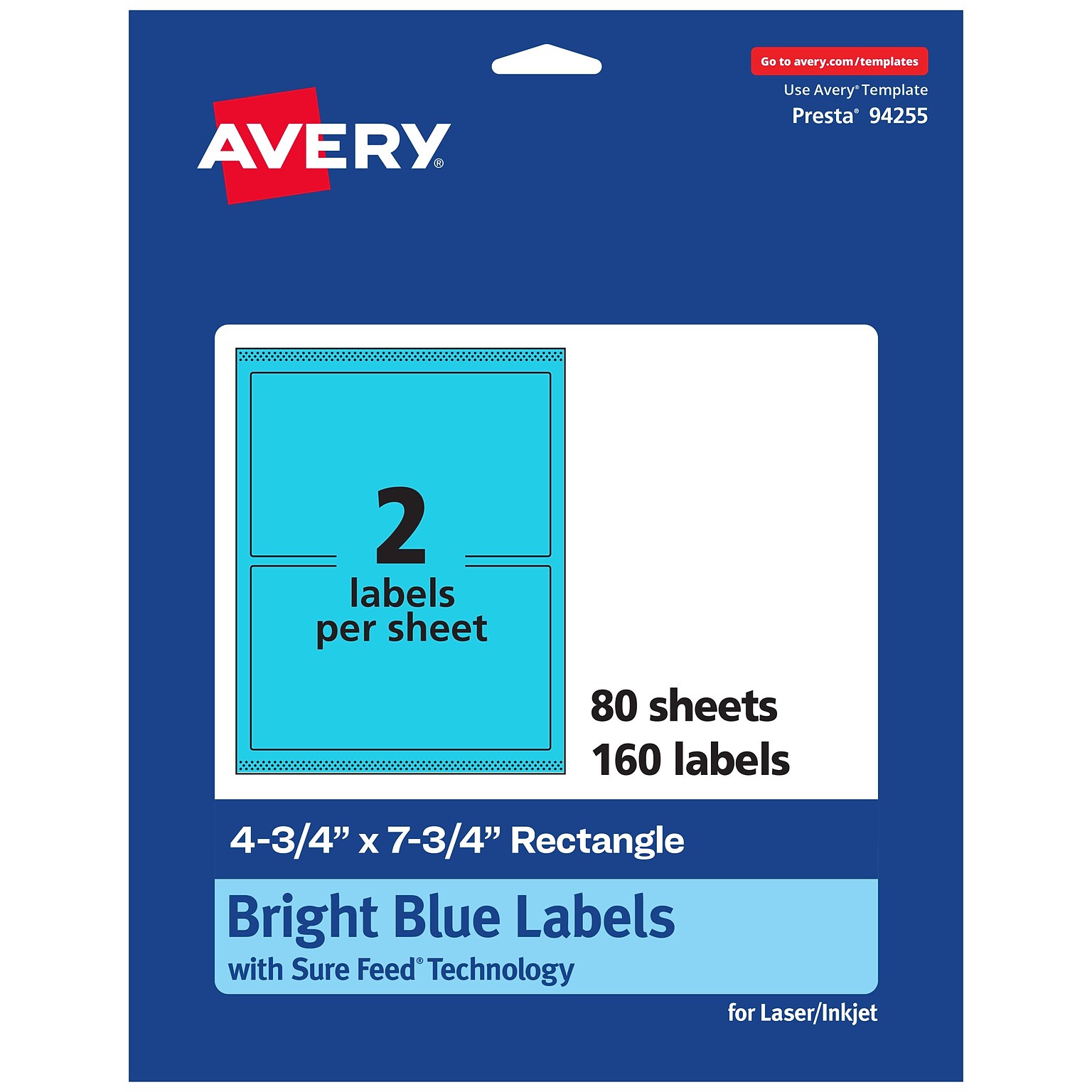 Avery Printable Rectangle Multipurpose Labels, 4.75 x 7.75, Bright Blue, 160/Box (94255)