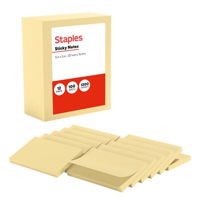 Staples Sticky Notes, 3 x 5, Yellow, Recycled Paper, 1200 Sheets – Eco-Friendly Self-Stick Notes for Lists & Reminders