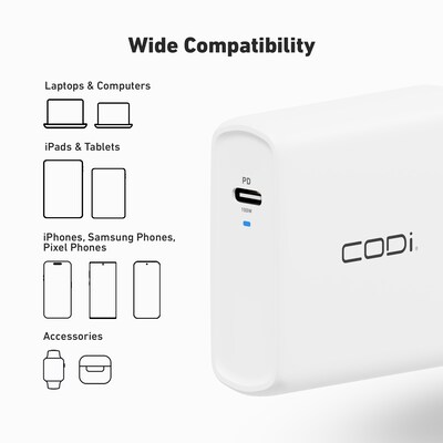 CODi 100W Wall USB-C Charger with USB2.0 EPR Braided Cable, White (A01118)