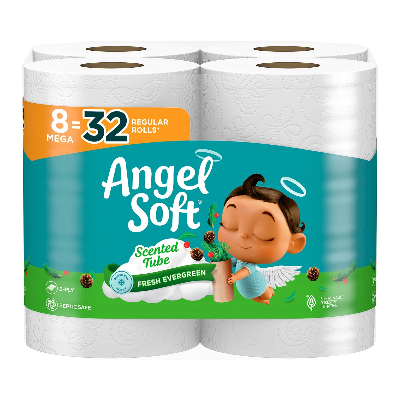Angel Soft Mega Toilet Paper, Fresh Evergreen Scent, 2-ply, 8 Rolls/Pack (79461)