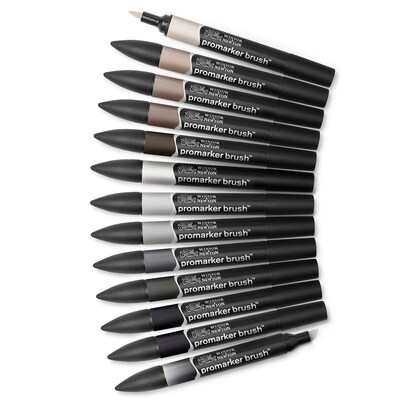 Winsor & Newton Promarker Dual-Tip Brush Alcohol Based Marker, Neutral Gray Tones, 12/Pack (WNX0290144)