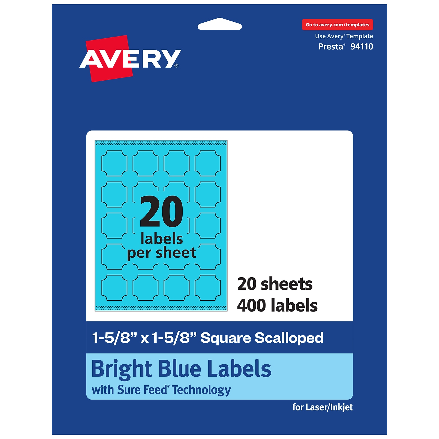 Avery Square Decorative Edge Multipurpose Labels, 1-5/8 x 1-5/8, Bright Blue, 400/Pack (94110)