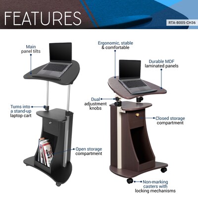 Techni Mobili 22"W Manual Adjustable Standing Laptop Cart, Chocolate (RTA-B005-CH36)