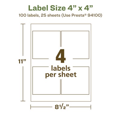 Avery EcoFriendly Laser/Inkjet Square Multipurpose Labels, 4" x 4", White, 100/Pack (94100)