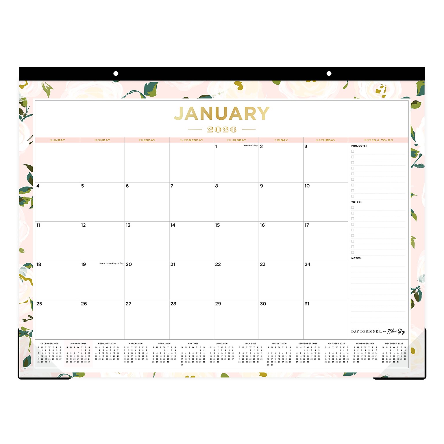 2026 Day Designer for Blue Sky Coming Up Roses Blush 22 x 17 Monthly Desk Calendar (138198-26)