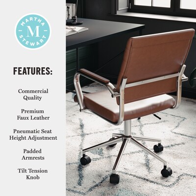 Martha Stewart Piper Faux Leather Swivel Office Chair, Saddle Brown/Polished Nickel (CH2209212BR)