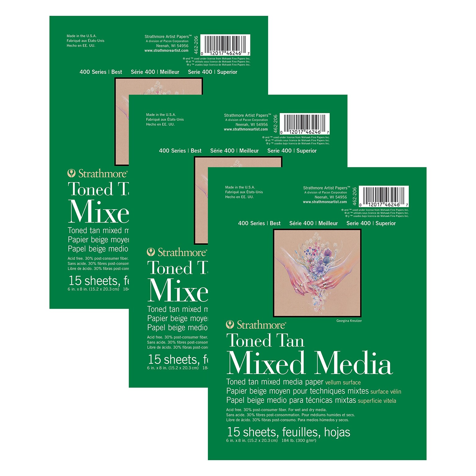 Strathmore 400 Series 6 x 8 Mixed Media Sketch Pad, 15 Sheets/Pad, 3/Bundle (STTP462206-3)