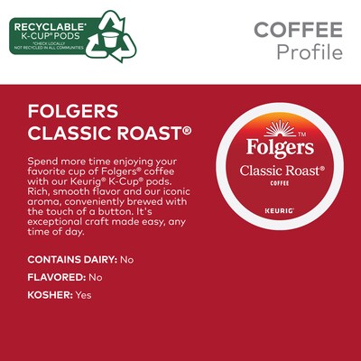 Folgers Classic Roast Coffee, Medium Roast, 0.28 oz. Keurig® K-Cup® Pods, 24/Box (6685)