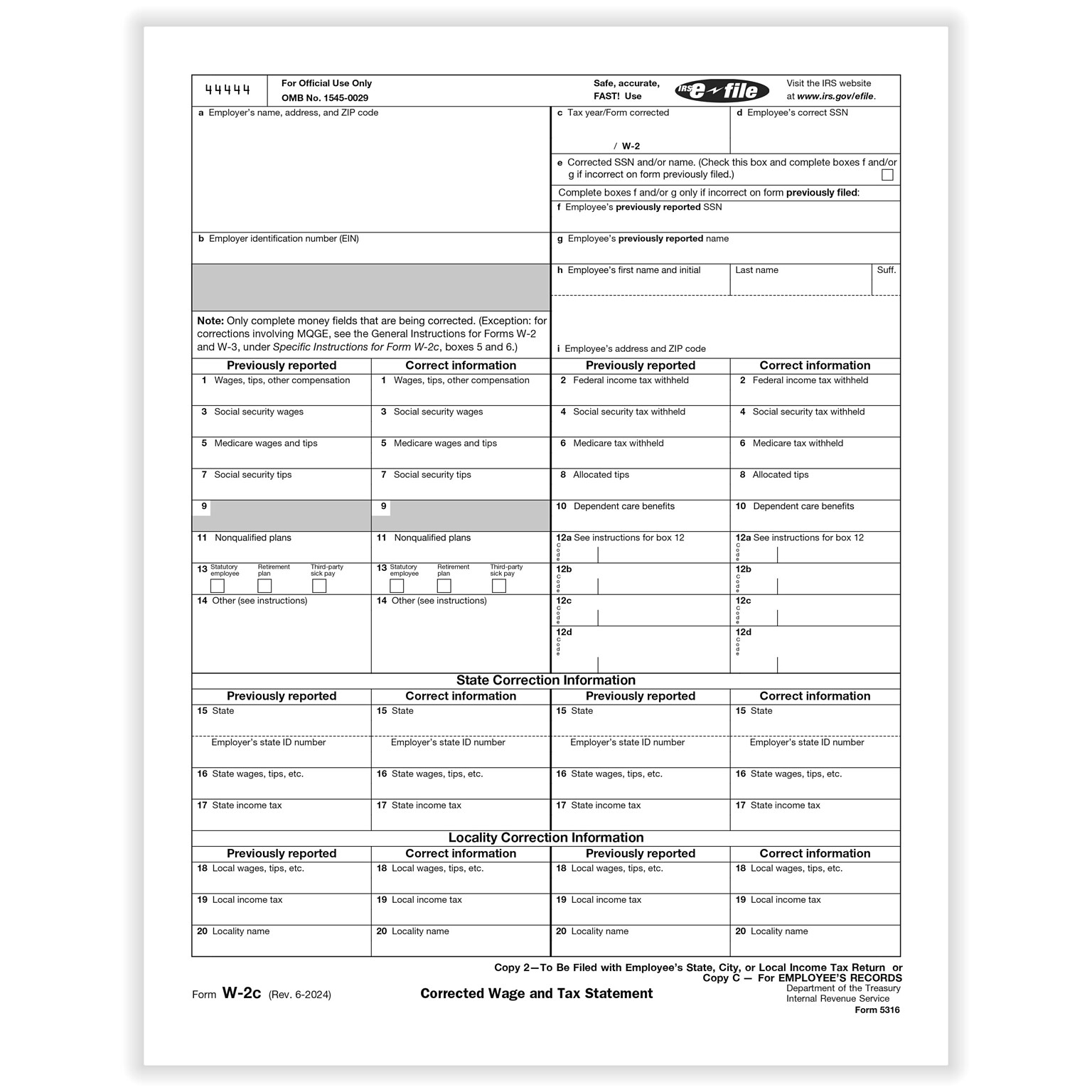 ComplyRight 2025 W-2C Tax Form, 1-Part, Copy 2/C, 50/Pack (531650)