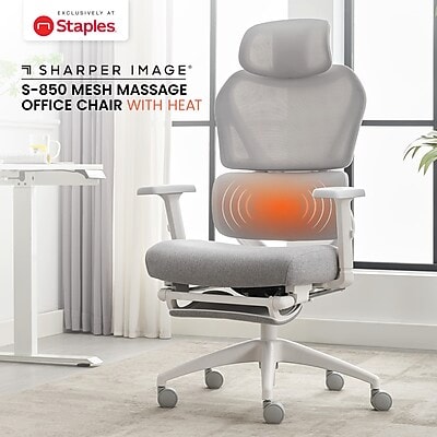 Sharper Image S-850 Heated Ergonomic Mesh Swivel Executive Massage Chair with Footrest, Light Gray/White (60106-LGRYWHT)