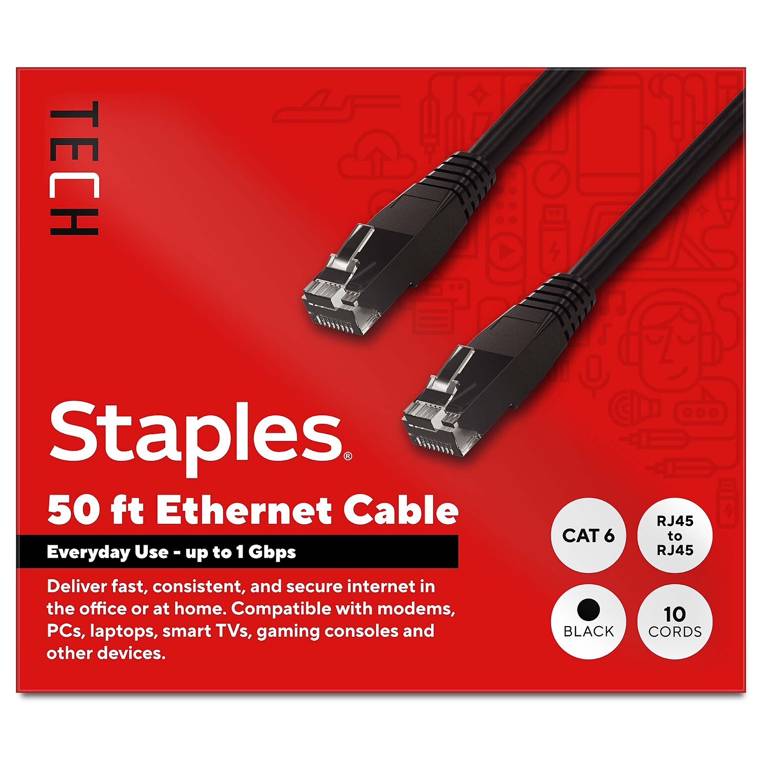 Staples TECH 50 ft. Cat-6 Ethernet Cable, Male to Male, Black, 10/Pack (ST62459)