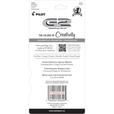 Pilot G2 Purples Retractable Gel Pen, Fine Point, 0.7mm, Assorted Ink, 5/Pack (XPO32001)