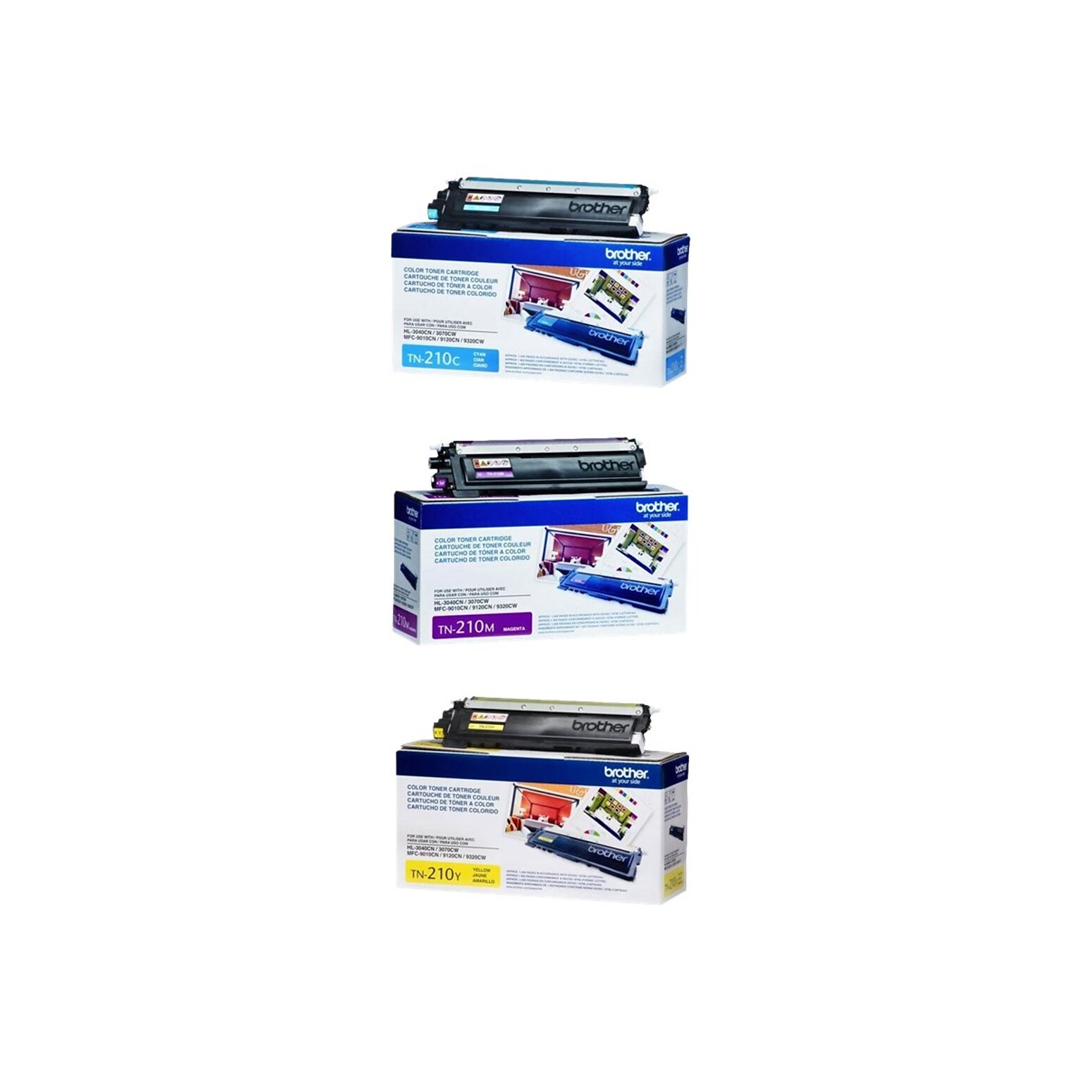 Brother TN210 Cyan/Magenta/Yellow Standard Yield Toner Cartridges, 3/Pack (TN210-CLRPKSTP)