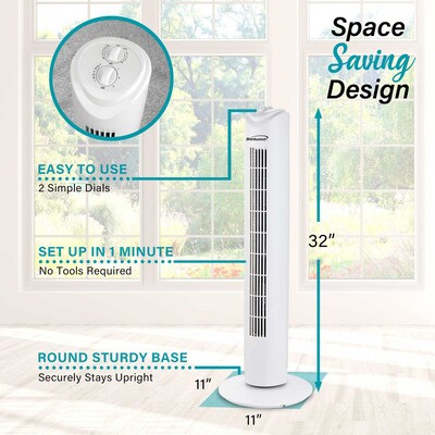 Brentwood 32" Oscillating Portable Tower Fan, 3-Speed, White (F-32TW)