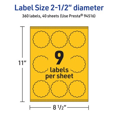 Avery Round Scalloped Laser/Inkjet Multipurpose Labels, 2.5" Dia, Bright Yellow (360/Box)