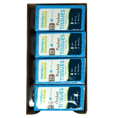 Handy Solutions Pocket Facial Tissue, 3 Ply, 10 Tissues/Pack, 24 Packs/Display, 12 Displays/Carton