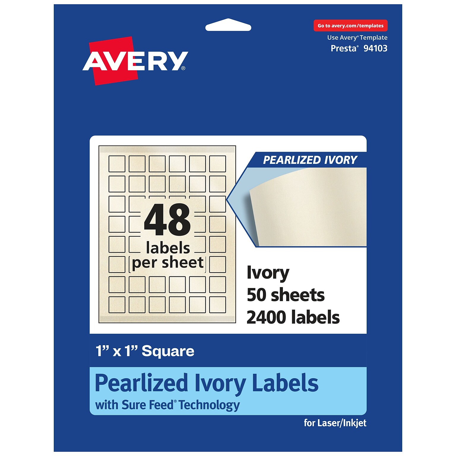 Avery Laser/Inkjet Square Pearlized Labels, 1 x 1, Ivory, 2400 Labels/Box (94103)