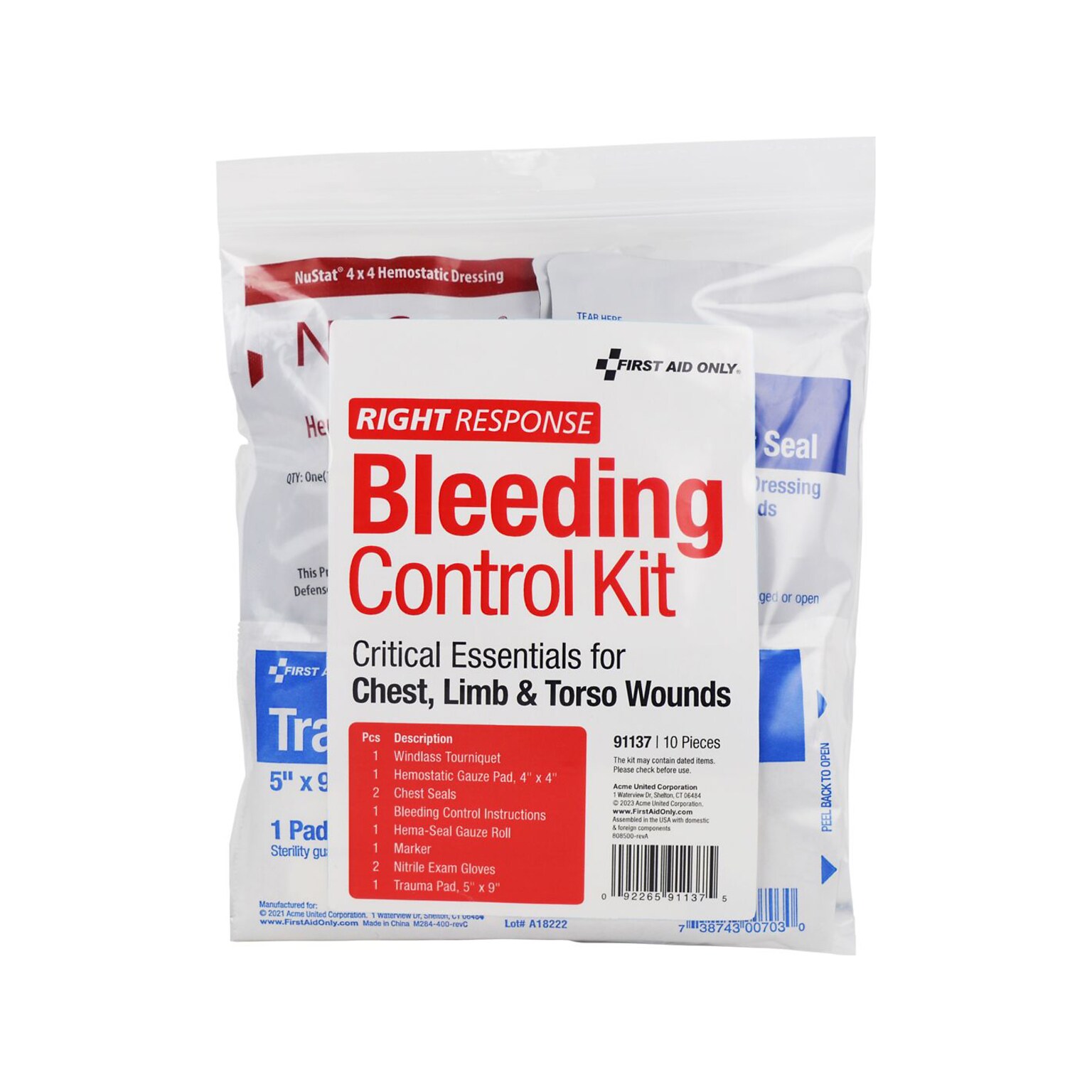 First Aid Only Bleeding Control Kit Critical Essentials Plastic Bag, Limb, Chest & Torso Wounds, 10 Pieces (91137)