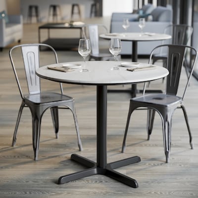 Flash Furniture Acadia 36" Round Wooden Dining Table with X-Base, White Faux Marble/Black Base (STRD36WMAT3030)