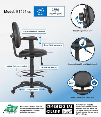 Boss Black Caressoft Drafting Stools W/Adj Arms & Footring