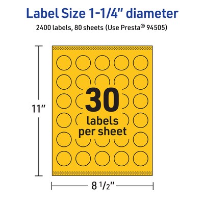 Avery Laser/Inkjet Round Multipurpose Labels, 1.25" Dia., Bright Yellow, 2400/Box (94505)